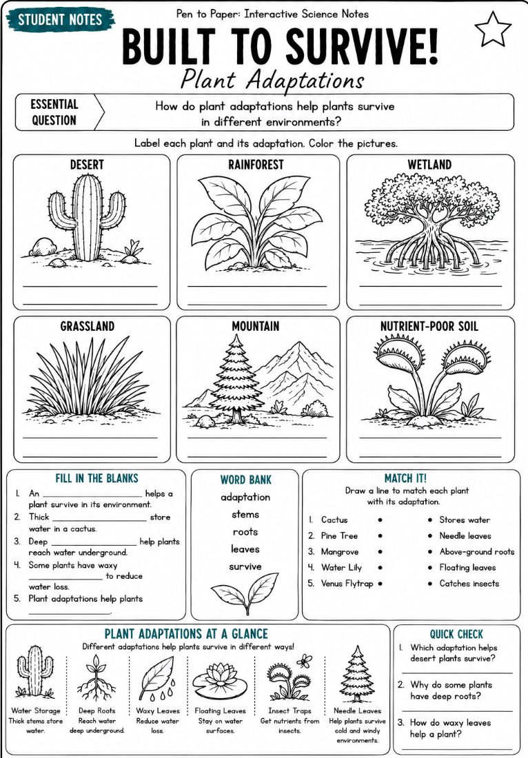 Interactive Science Notes Plant Adaptations